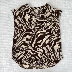 New Joie Women's Sleeveless Satin V Cut Blouse in Brown Cream Zebra Print Size M